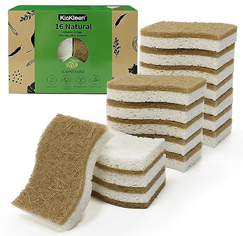 KICKLEEN 16 Pack Biodegradable Natural Dishsponge Kitchen Sponges