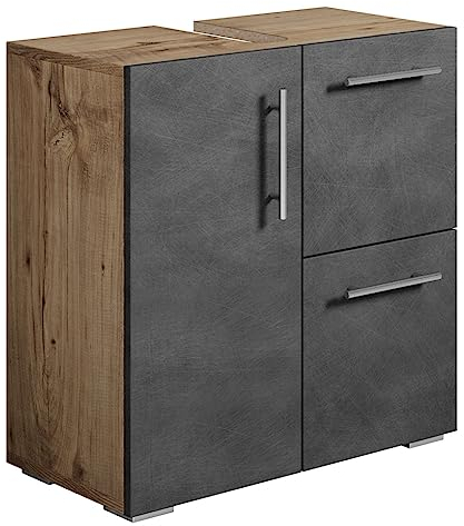 Badezimmer Badmöbel Mars - Eiche Kastanie mit dunkle grau - Unterschrank Badmöbelset Badschrank Schrank Waschbeckenunterschrank