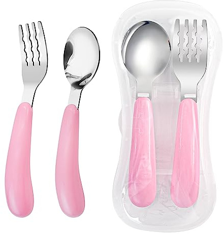 VANRA 2 Pieces Toddler Fork and Spoon Set with Travel Case 18/8 Stainless Steel Toddler Utensils Kids Silverware Children Flatware Child Cutlery Set for School Lunch Box (Pink)