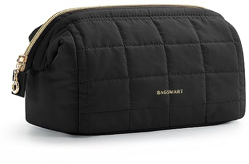 BAGSMART Makeup Bag Travel Toiletry Bag, Puffy Padded Make Up Bags for Women Makeup Organizer Case, Wide-open Pouch Purse Travel Essentials Toiletries Accessories Brushes, Black