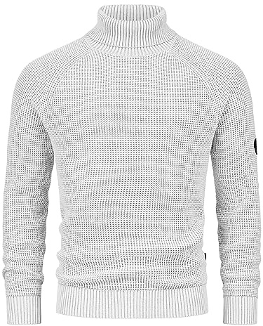 Indicode Herren INHarlan Fein-Strickpullover aus Baumwolle mit Rollkragen und RIPP-Bündchen Ecru Mix, M