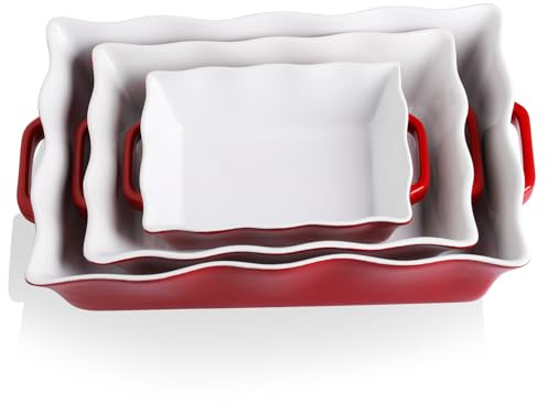 Sweejar Home Casserole Dishes for Oven, Ceramic Bakeware Set of 3, Rectangular Baking dish with Handles, Wave Edge Lasagna Pan Deep for Cooking, Cake, Dinner, Banquet and Daily Use (Red)