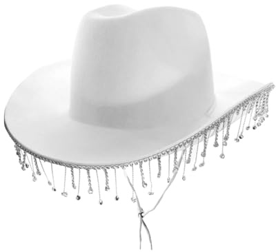 Adults Diamant√à Cowgirl Hat - Pack of 1 - White Cowboy Hat with Rhinestone Fringe - Adults Bling Glitter Cowgirl Hen Party Western Party Fancy Dress Accessory