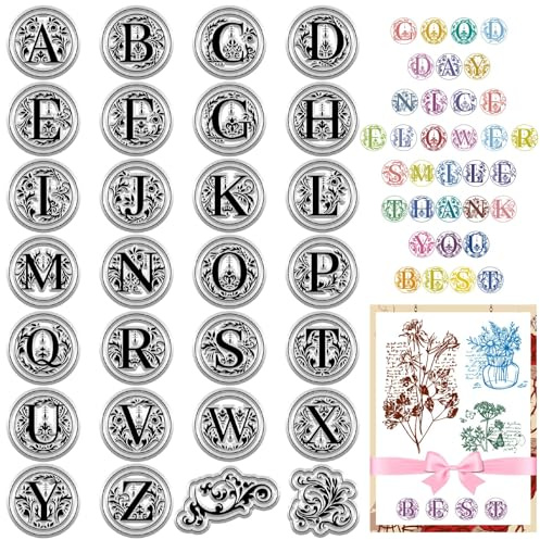 CRASPIRE Letras Iniciales A-Z Sello de Goma Transparente Alfabeto Vintage Floral de Silicona Reutilizable para Hacer Tarjetas de Diario Scrapbooking Álbum