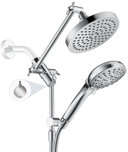 BRIGHT SHOWERS Rain Shower Head with Handheld Spray Built-in Power Wash, High Pressure Dual Shower Head with Height Adjustable Extension Arm, 3-Way Diverter, 9 Settings Handheld, 69” Long Hose, Chrome