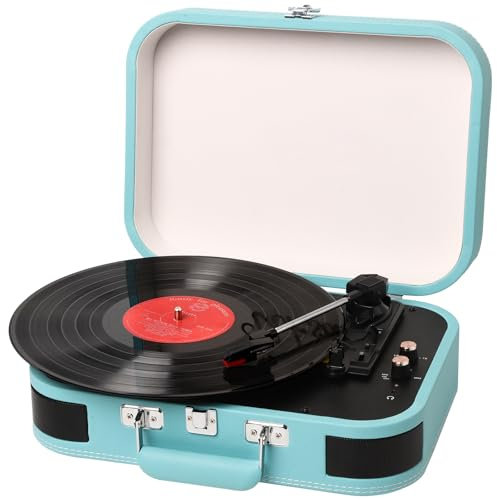 Tocadiscos de Vinilo, Vintage Tocadiscos Bluetooth para Discos de Vinilo Vintage estéreo de 3 velocidade 33/45/78 RPM,Gramófono Fonógrafo Retro con Apoyo RCA Salida AUX, Azul