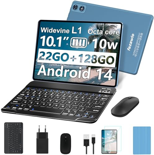fezawio Tablette Tactile 10 Pouces Android 14, 22Go RAM+128Go ROM(Extensible 1To)|5MP+8MP|5G Wi-FI|Certifié Widevine L1|Processeur Octa-Core|8000mAh|Clavier+Souris+Coque de Protection Inclus (Bleu)