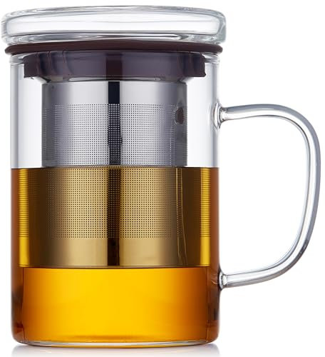 Unbreakable 15OZ Glass Tea Cup with Infuser and Lid, Hickened Heat-Resistant Borosilicate Glass, Tea Infuser Mug with Stainless Infuser