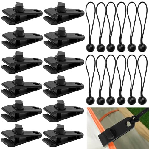 TOOINKCV 12 Pcs Clips de Bâche, Clips de Fixation Bache Toile, Pinces de Fixation pour Tentes Extérieur, Pinces pour Auvents Tentes de Camping Accessoire, avec 12 Cordons de Bâche de Camping