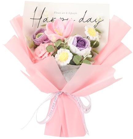 suyakota Crochet Flower Bouquet Rose Tulip : Handmade Knitted Bouquet for Mother's Day Birthday Home Decor Girlfriend Wedding Gift (Pink)