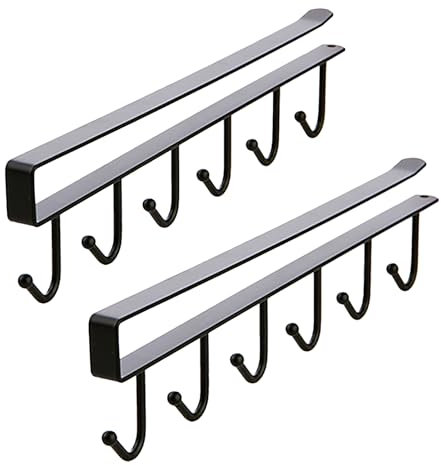 Gouccpu 2 Pack Hanging Hooks Rack Cup Holder Under Cupboard Cabinet Coffee Mug Holder 6 Hooks Drilling Free Coffee Cups Holder Kitchen Utensil Storage Organizer Hook Rack (Black)
