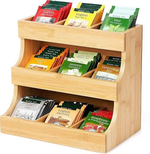 MAGNA RETAIL Bamboo Tea Bag Organiser | Holds up to 180 Tea Bag Holder | 3 Tier Vertical Tea Caddy | Wooden Tea Box Organiser for Home Office or Cafe | Teabag Storage for Tea Coffee Sugar Packets