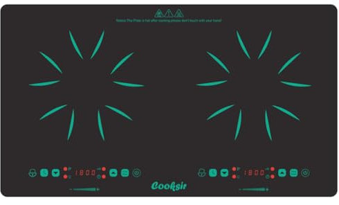 Cooksir Placa de vitrocerámica 2 fuegos con enchufe, 56CM Placa de cocción portátil Autark con mango, 230 V, 3200 W, Doble placa de cocción cerámica, Interruptor de escalón de temperatura