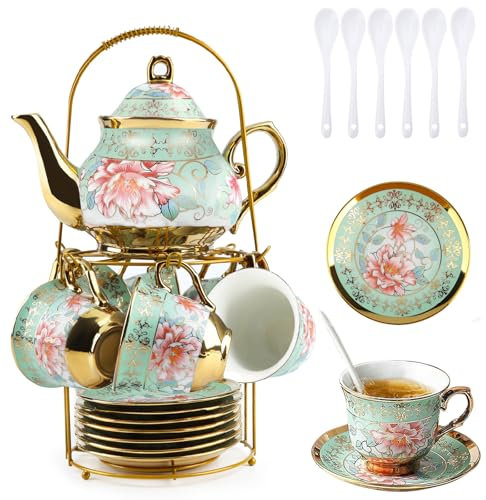 Porcelain Tea Cup and Saucer Set, 20Pcs Luxury Tea Sets 160 ml Teacup Set, 700ml Ceramic Teapot Set, Flower Tea Coffee Cup with Metal Holder, European Tea Coffee Serving Sets for Wedding,Party, Gift