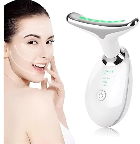 Masajeador Facial 7 en 1 - Masajeador Facial Antiarrugas Calentable 45°C con 7 Colores de Luz Led EMS| Masaje Facial con 3 Modos de Radiofrecuencia | Guasa Reafirmante para la Piel, Blanco
