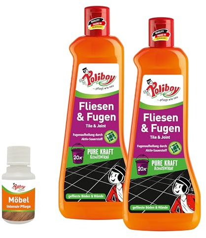 POLIBOY Kakel- och fogrengöringsmedel, koncentrerat rengöringsmedel med aktivt syre för golv- och väggkakel, för inomhus- och utomhusbruk, 2 x 500 ml, inkl. produktprov, tillverkat i Tyskland