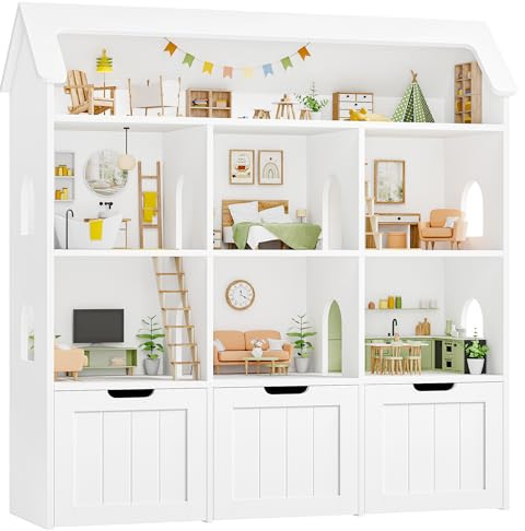 FOREHILL Libreria Montessoriana per Bambini, Scaffale Portagiochi con 6 Scomparti e 3 Cassetti, Contenitore Mobile con Ruote per Cameretta, Progettazione del Tetto, 120x30x117.5cm (Bianco)