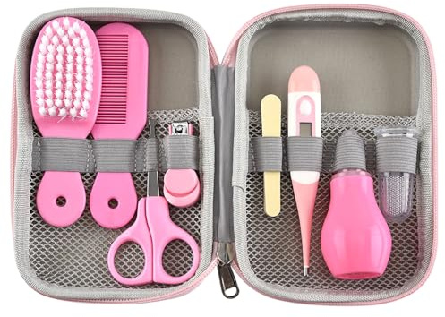 Syrisora Kit de Aseo para Bebés, Cepillo para el Cabello, Cortaúñas, Limpiador de Nariz, Cepillo de Dientes para Dedos, Tijera, Kit de Manicura para el Cuidado del Recién Nacido, con (Rosa)