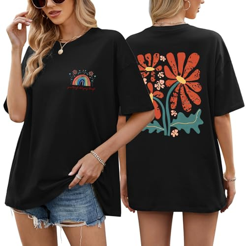 PASUDA T Shirt Femme Oversize Très Large Teeshirt Col Rond Coton T Shirts à Manches Courtes Chic Imprimés Top Femme Grande Taille Haut Femme Ete