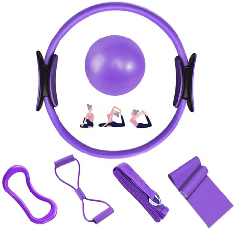 Aischens Set de Anillo de Pilates - 6 Piezas, Kit de Pilates en Casa, Círculo Mágico, Aro de Pilates, Pelota y Bandas Elásticas, Kit de Entrenamiento Accesorios para Ejercicios de Yoga