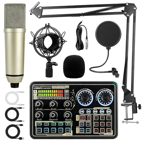 Kit Microphone de Podcast, avec Microphone à Condensateur à Grande Membrane U87, Modificateur de Voix et Équipement pour Performances en Direct, Enregistrements, PC, Karaoké et Gaming Voice-Over