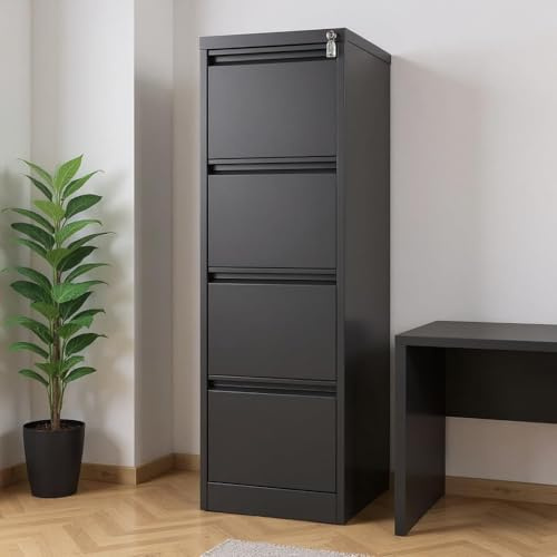 4 Drawer Metal Filing Cabinet with Lock, Slimline Vertical Office Storage Cupboard for A4, Letter & Legal Size Files, Anti-Tilt Lockable Steel Locker for Home Office & School, 30 x 37.5 x 133 cm