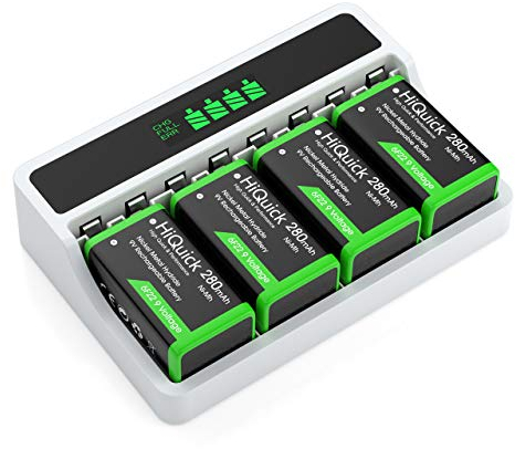 HiQuick 9V Akku Ladegerät mit 4 x 9V Akkus, 9V Ladegerät für 9V NI-MH wiederaufladbare Batterien, 4 x 9V 280mAh NI-Mh Akkus, 4-Ladeplatz mit LCD Anzeige