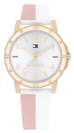 Tommy Hilfiger Orologio da Ragazza con Quadrante Argento, Cinturino in Silicone Bianco e Rosa, Cassa Oro Rosa 32mm, Movimento al Quarzo a 3 Lancette, Resistenza all’acqua di 3 ATM - 1720015