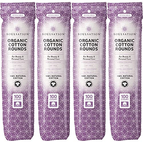 SoulSation Organic Cotton Rounds, 400 Count - Makeup Remover Pads for Face, Lint-Free