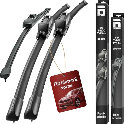 Recambo Flatblade Scheibenwischer vorne+hinten passend für VW T-ROC | TYP A11 | ab BJ 2017 I Flachbalkenwischer für klare streifenfreie Sicht I Autoscheibenwischer schnell montiert I 650mm/475mm/325mm