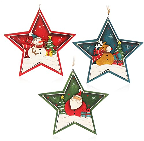COM-FOUR® 3X Holzanhänger für den Weihnachtsbaum - Christbaumschmuck aus Holz - Holzverzierung Weihnachtsdeko mit DREI Motiven