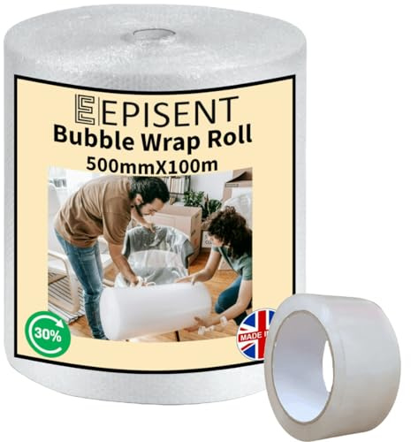 EPISENT Premium Bubble Wrap 500mm x 100m with FREE Clear Packaging Tape, Strong Packing Roll for House Moving, Shipping & Storage, Small Air Bubbles for Packaging Supplies