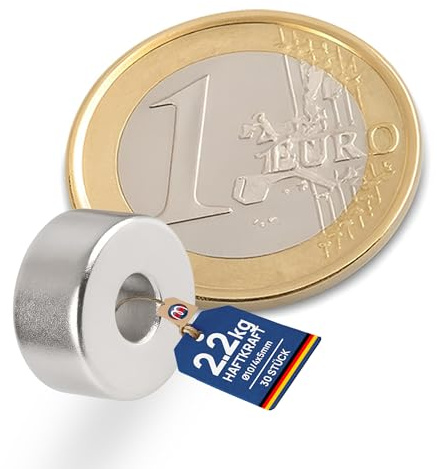 Ringmagnete Neodym Magnet-Ringe extra stark - Haftkraft bis 36kg - Starke NdFeB Magnete mit Loch für Industrie und Zuhause, Menge/Größe: 30 Stück - Ø10/4x5mm | 2.2kg Haftkraft