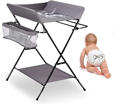 Commode à langer pliable pour bébé,Table à langer mobile avec ceinture de sécurité et compartiments de rangement,Combinaison à langer,Nés Design Ergonomique(gris)