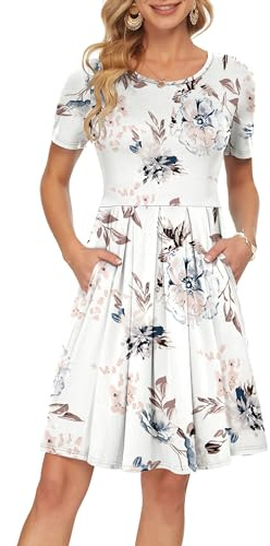 AUSELILY Summer Dresses for Women UK Floral Midi Casual Short Sleeve Pleated Loose Swing Dress with Pockets White Flowers L