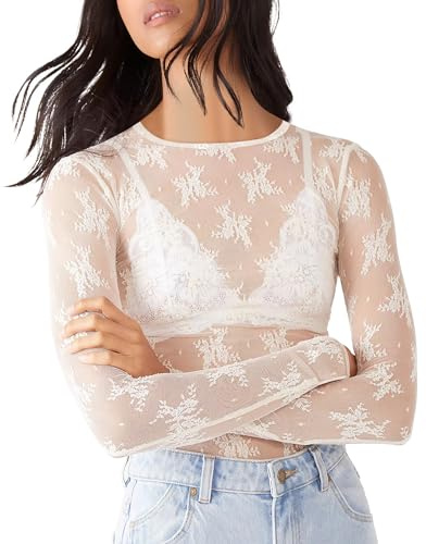 AKEWEI Women Long Sleeve See Through Blouse Sexy Sheer Mesh Top Crew Neck Y2K Basic Lightweight Clubwear Tee(White,XL)