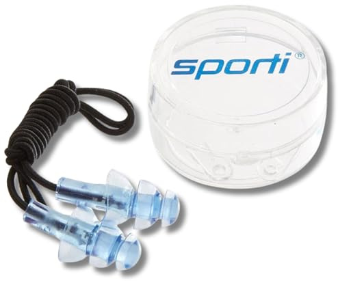 Sporti Adult Swim Ear Plugs with String, Light Blue, Swim Training Gears for Swimmers, Water Protection & Reusable Silicone Pool Swimming Ear Plugs - Light Blue