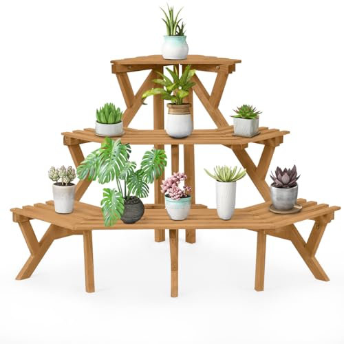 TANGZON 3-Tier Plant Stand, Wooden Ladder Plant Shelf Flower Pot Rack, Indoor Outdoor Display Holder Shelving Unit for Garden Balcony Patio Backyard, 97x67x61cm