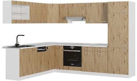 Vicco Hörnkök R-Line, Hantverks ek/Vit, 287 x 227 cm utan bänkskiva, flexibelt utbyggbar med modulära element