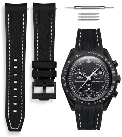 HORACE Bracelet de montre universel en silicone liquide 20mm - Compatible Omega x Swatch MoonSwatch - Kit de montage inclus (Noir/Couture Blanche)