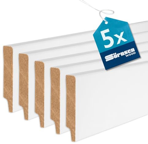Sörnsen Wood Sockelleiste MDF – 12x68x2440 mm, 5 Stück hochwertige wasserbeständige Fußleisten mit eckigem Weimarer Profil – weiß RAL 9016 lackiert und damit extra langlebig