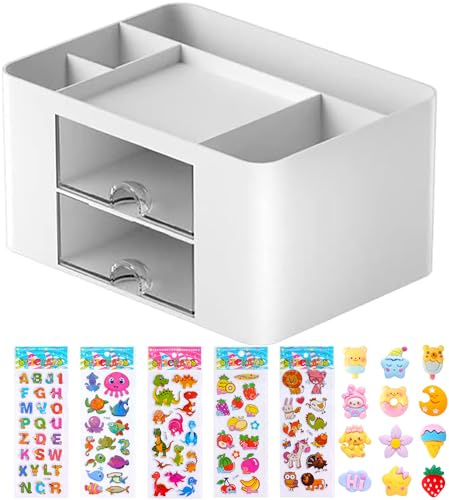 Lostwry Skrivbordsorganisatör med lådor, multifunktionell platsbesparande skrivbordsförvaring, pennhållare, bordsorganisatör för skrivbord med 5 fack för kontor, hem, skola (vit)