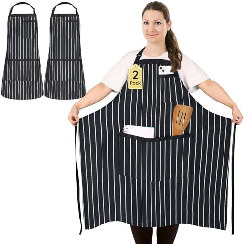 2 Piezas Grande Talla Delantales de Cocina A Rayas Unisex, Grande Tamaño Delantal de Chef Ajustable con 3 Bolsillos para Cocinar, BBQ, Trabajo, Profesional Delantal para Camarero, Pintor, Negro