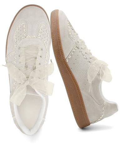 UBWDU Womens Ballet Sneakers Fashion Sneakers for Women Trendy Cute Ribbon Lace-Up Casual Spring Shoes Beige Size 8