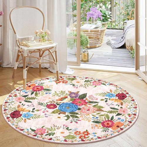 BYBSRLL Rund Matta 120 cm, Tvättbar & Skyddssulad Mjuk Kortflor Rund Matta, Vintage Blommor Boho Mönster, för Vardagsrum, Sovrum, Barnrum, Gästrum, Matsal, Kontor, Ljusrosa