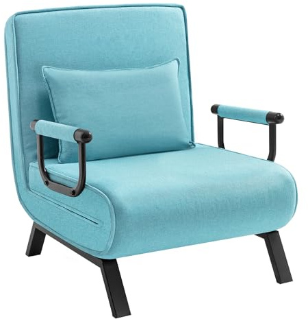 WOLTU Sofá Cama, Sillón Reclinable con Respaldo Ajustable, Puff Cama 1 Plaza, Butaca de Salón 3 en 1, Sillon Cama Individual con Almohada y Reposabrazos, Lino, 80 x 82 x 74 cm, Azul