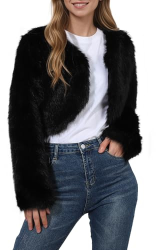 Syrads Abrigo de Piel SintéTica para Mujer Chaqueta Corta Chaqueta de Invierno para Exteriores,Negro XXL