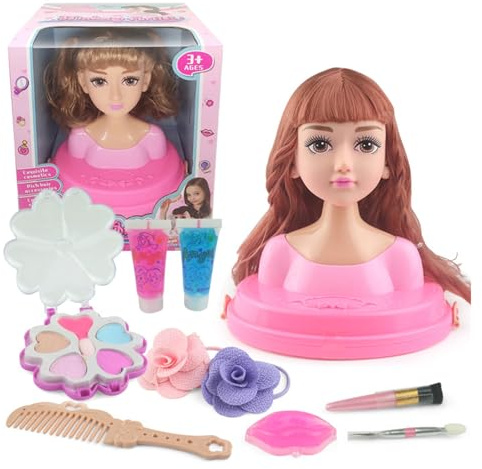QiLumier Testa per acconciatura principessa, per bambini con capelli lunghi, inclusa tavolozza per trucco, spazzola e accessori per lo styling, trucco per bambola e pelle dei bambini