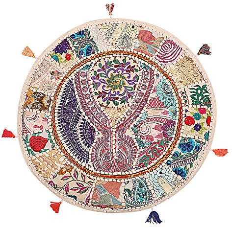 Stylo Culture Decorativo Indio Bohemio Redondo Cojines De Suelo Exterior Patchwork Almohada Estampada Funda De Almohada Blanco 55x55 cm Algodón Bordado Vintage Decoración del Hogar Fundas De Colchón
