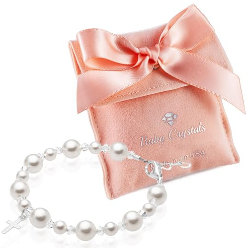 Baby Crystals Pearl Bracelets for Girls, Sterling Silver Cross Charm, Baptism Gifts for Girl, Baby Bracelet with Simulated White Pearls and Crystals, Girls Jewelry Birthday Gift